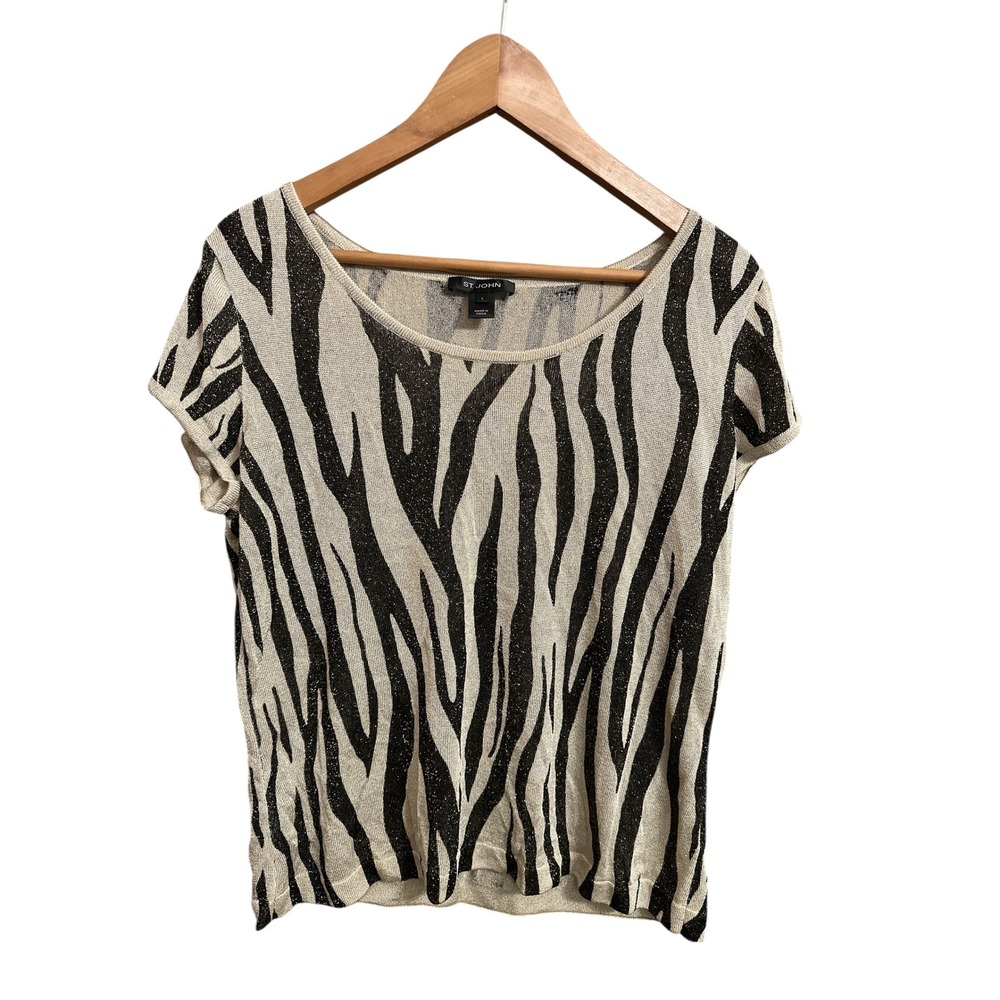 St. John Zebra Print Knit Top Short Sleeve Sparkle Women's Size L Gold Black
